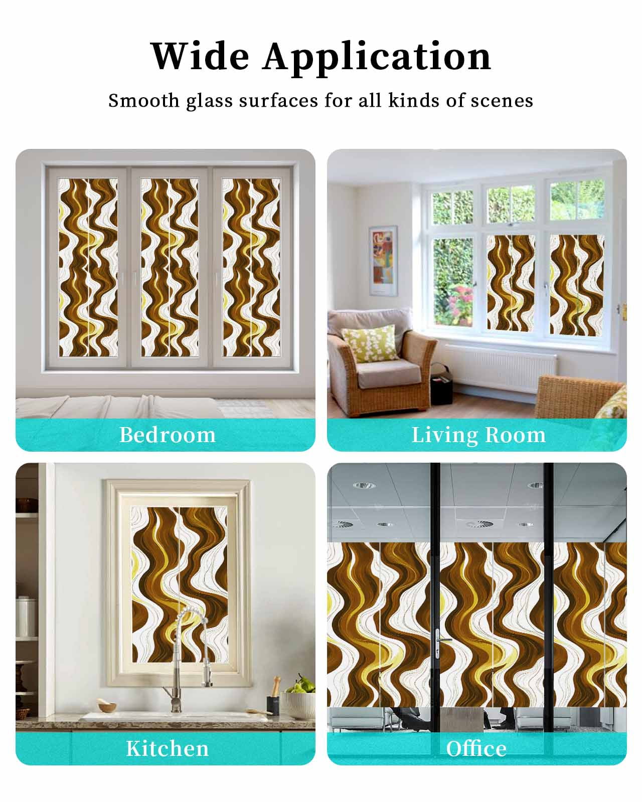 Window Privacy Film Brown Stripe Stained Glass Window Film Decorative Sun Block Window Cover Gold Geometric White Coastal Wave Modern Ocean Window Clings Static Sticker for Bathroom 35.4"x78.7"