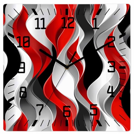 Red Black Grey Wooden Wall Clock Silent Non Ticking, Moire Modern Artwork Abstract Square Wall