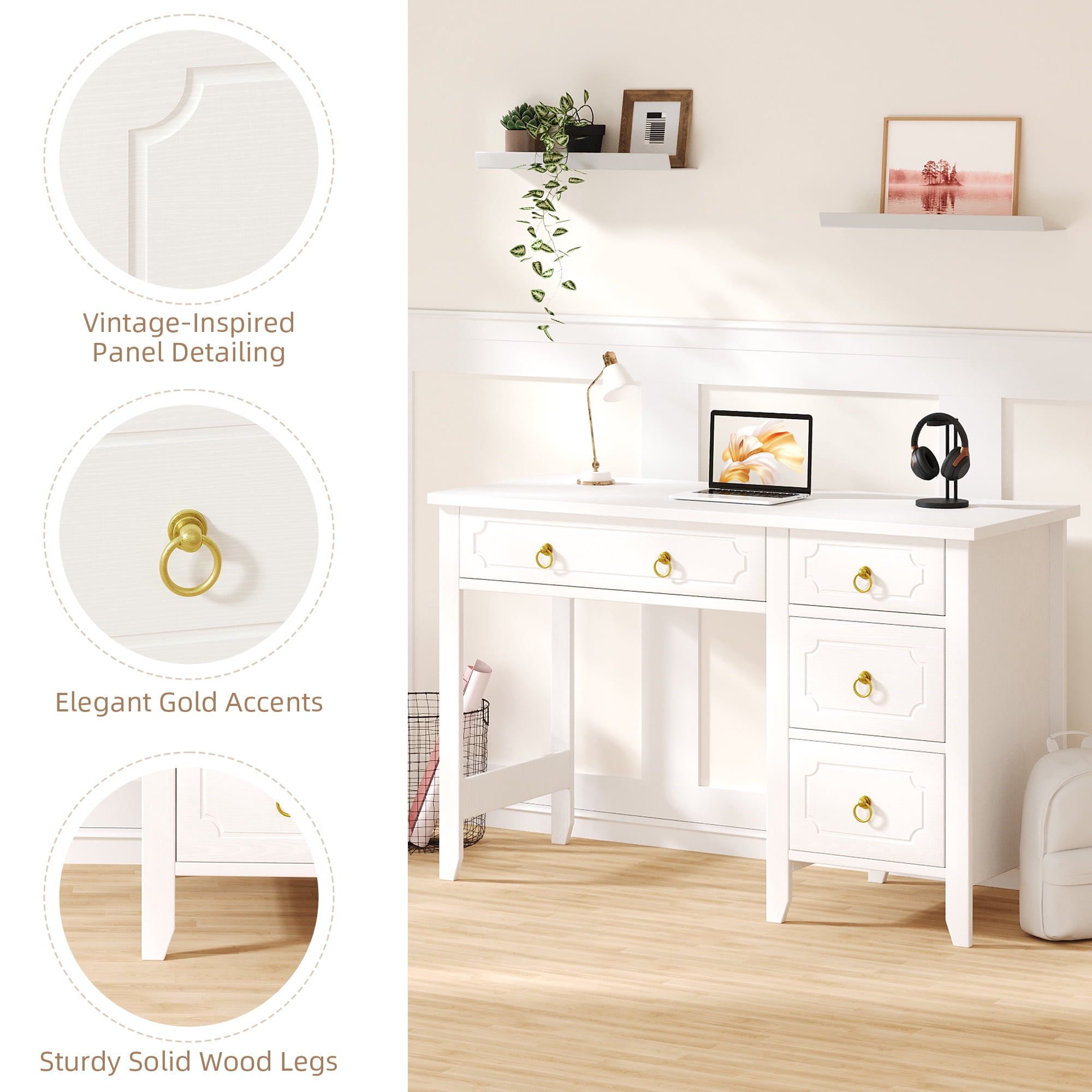 DreamCurship White Desk with 4 Drawers, Computer Desk with Storage, Home Office Desk for Small Spaces, Modern Makeup Vanity Dressing Desk, White