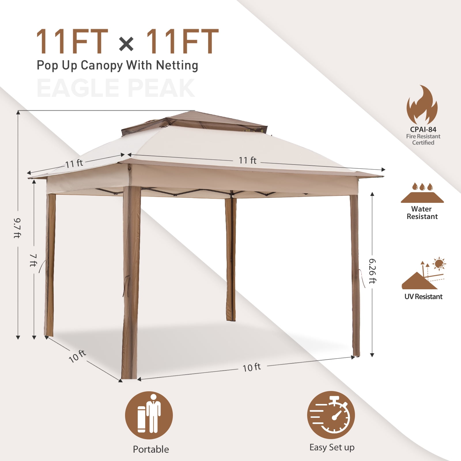 EAGLE PEAK 11x11 Pop Up Gazebo with Mesh Netting, Easy Up Screened Canopy for Patio and Backyard(Tan)