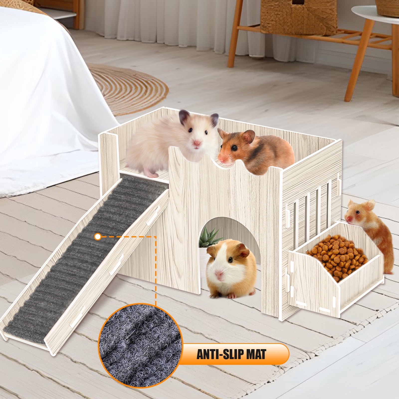 Large Guinea Pig Hideout House, Wooden Guinea Pig Castle with Feeding Basin, Guinea Pig Habitat, Guinea Pig Toys Accessories for Chinchilla Hamster Hedgehog Rabbit Bunny