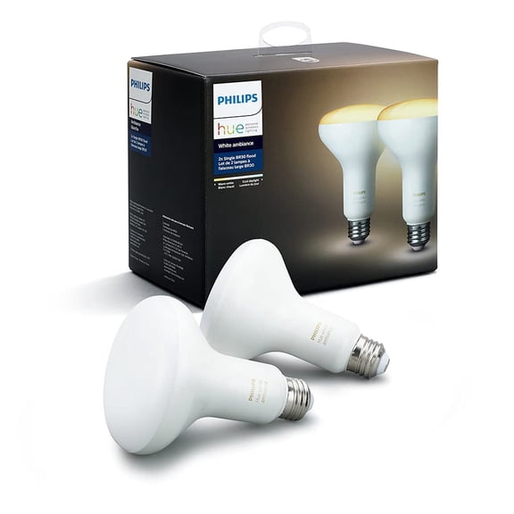 Open Box Philips Hue White Ambiance BR30 Smart Light Bulb, 65W LED, 2-Pack