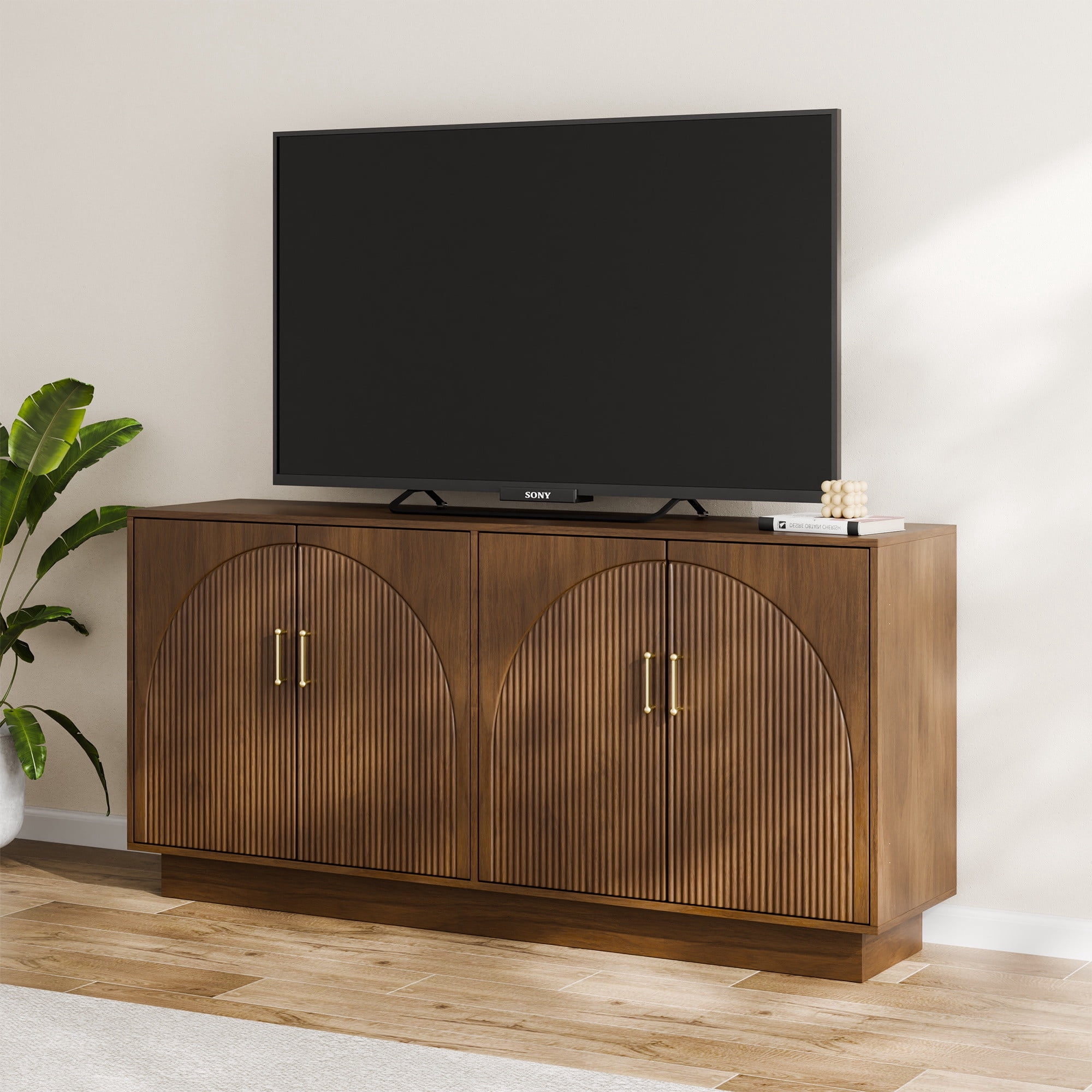 Mid-Century Fluted TV Stand with Storage Fits TVs up to 75", Entryway Console, Sideboard, Walnut Brown