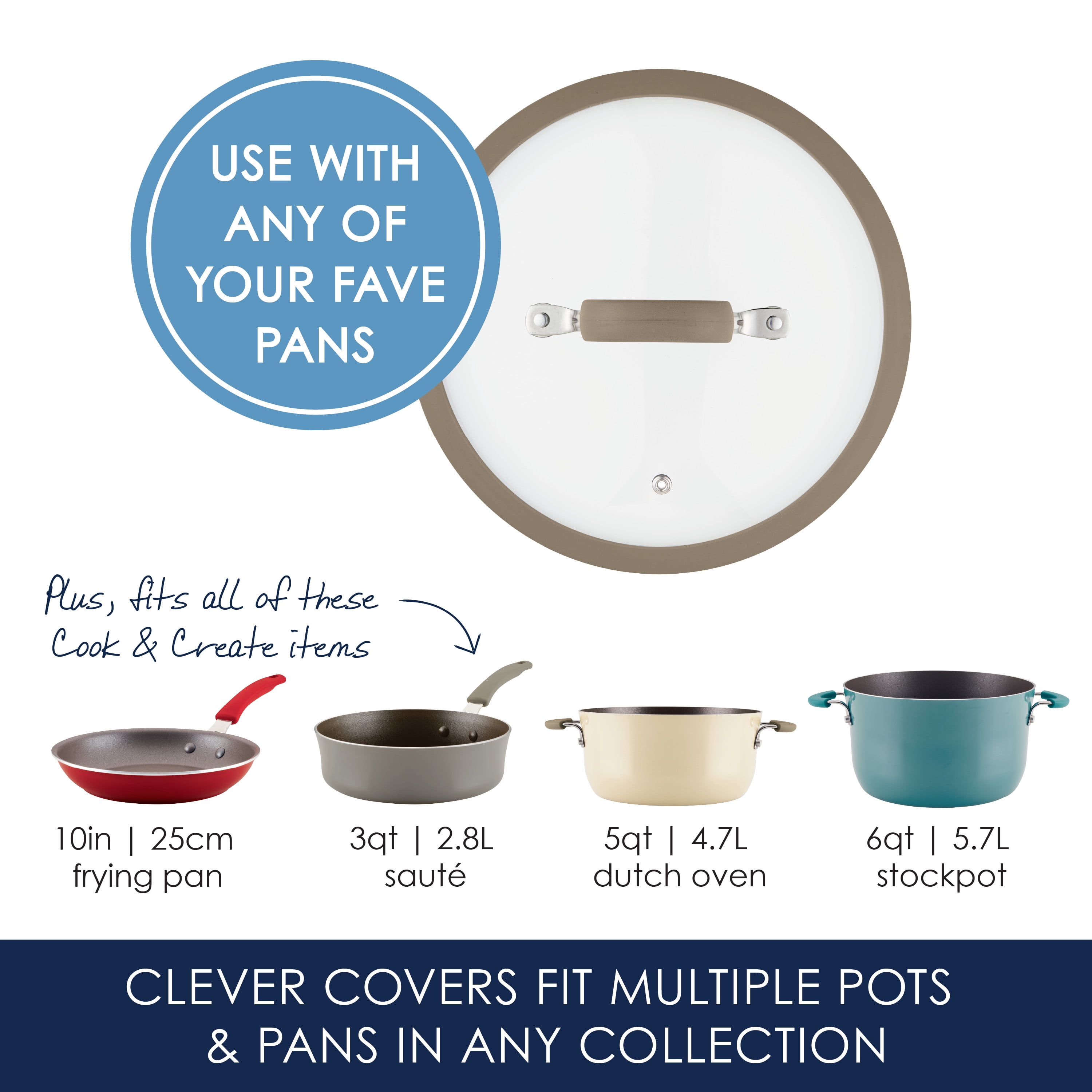 Rachael Ray Cook + Create 10 inch Silicone Rimmed Glass Lid, Taupe