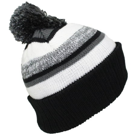 Best Winter Hats Quality Striped Variegated Cuffed Beanie W/Pom (L/XL) - Black/Dark