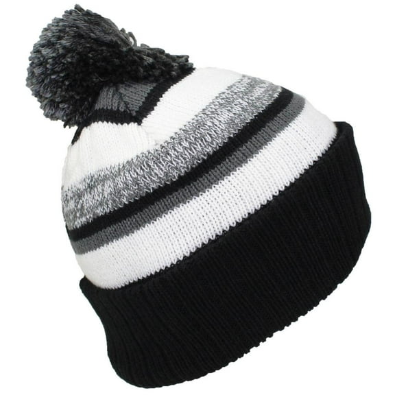 best winter hats quality striped variegated cuffed beanie w/pom (l/xl) - black/royal blue/white