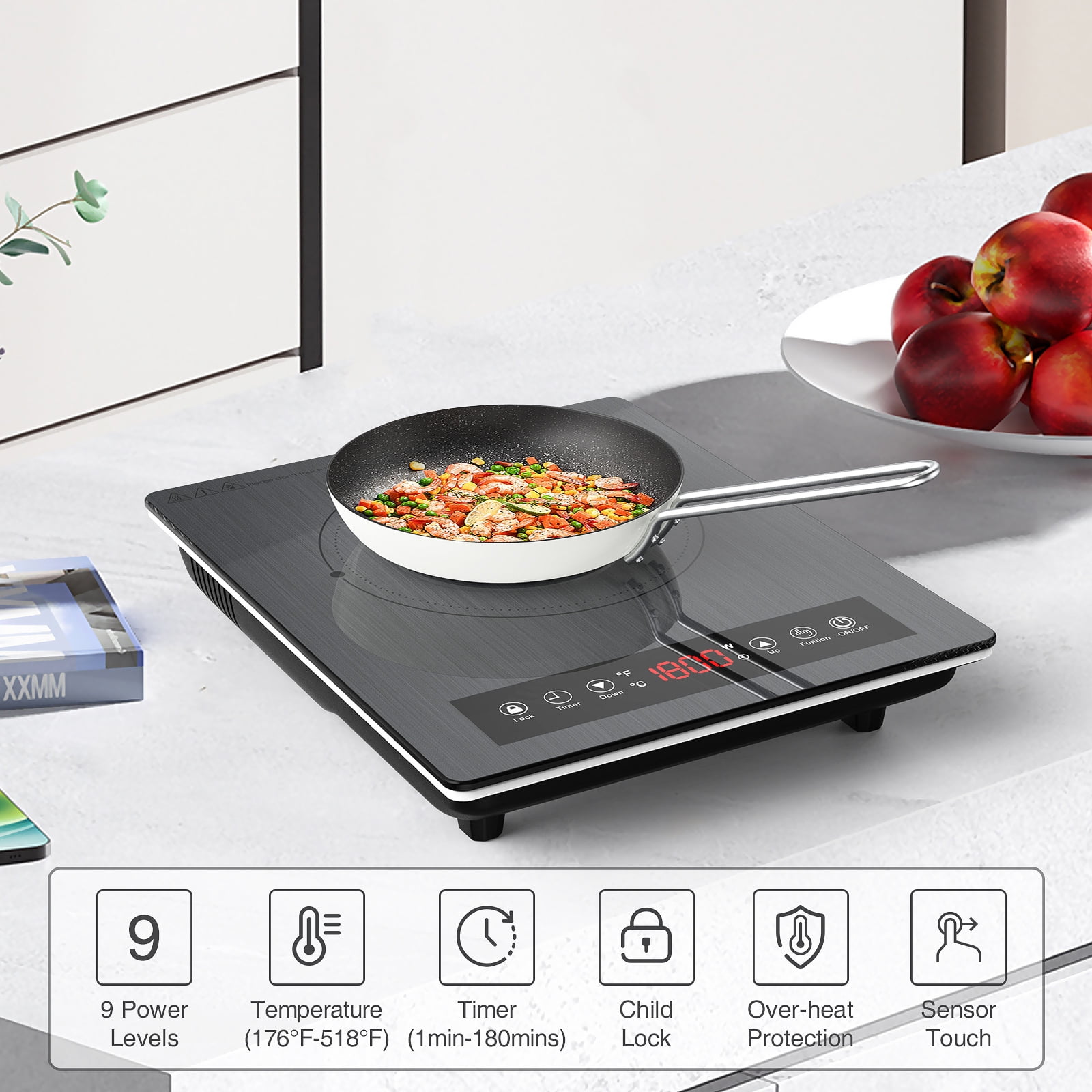 VBGK Electric Cooktop Single Burner 1800W 110v,Electric Stove Top Plug in  Electric Burner Countertop Hot Plate for Cooking,4H & Auto Shutdown  Induction Burner,Child Lock Electric Cooktop 