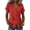 thumbnail image 3 of Linen-Blend Surplice Wrap Top for Women, Short Sleeve V-Neck Tie-Front Blouse with Rolled Cuffs - Lightweight Summer Casual Tunic Shirt Red L, 3 of 5