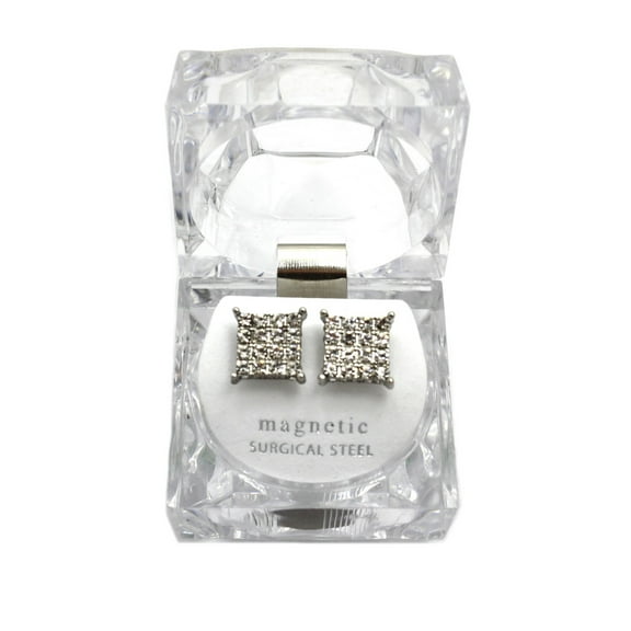 4 Stone Row Square Shape Magnetic Stud Earrings w/ Lucite Box Display, Silver-Tone