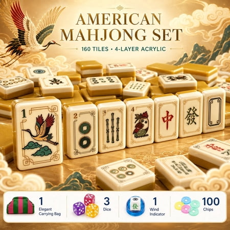 4 Layer Acrylic Mahjong Set 160 Tiles - Premium American Heritage Travel Game with Clear Engraving Carrying Bag Dice Multiple Colors(Yellow)