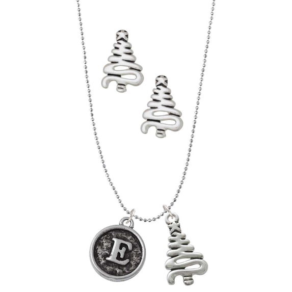 Delight Jewelry Silvertone Antiqued Round Seal - Initial - E - Silver tone Zig Zag Christmas Tree Charm Necklace and Stud Earrings