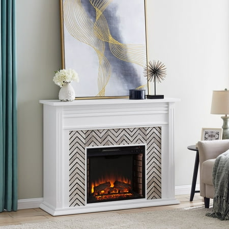 Sei Lynfords Contemporary style Tiled Marble Electric Fireplace in White and gray finish