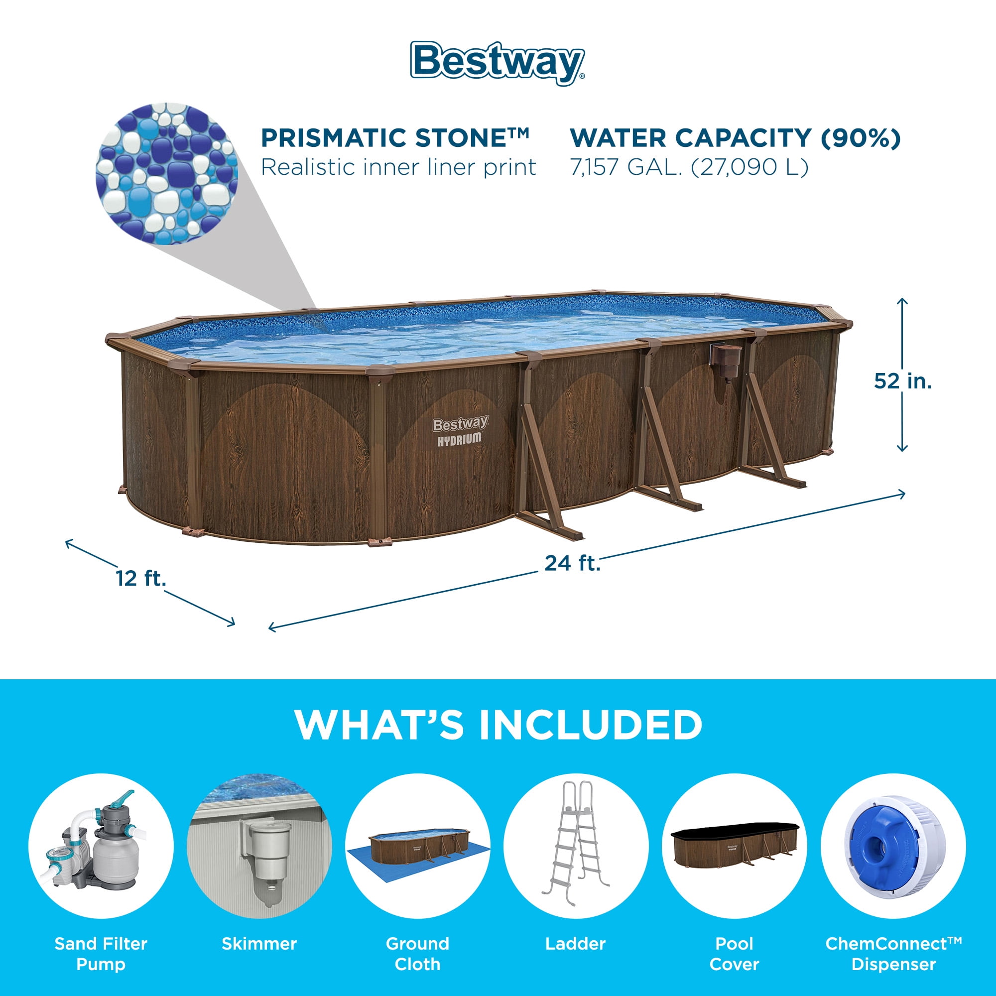 Bestway Hydrium 24'x12'x52" Steel Side Wall Above Ground Pool w/ Sand Pump & Accessories