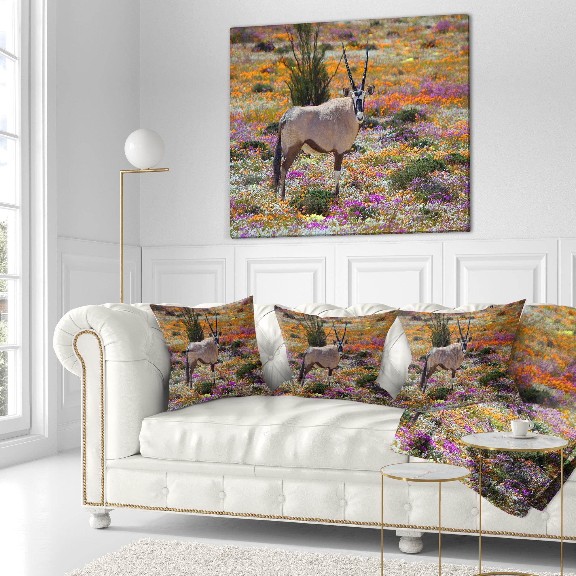 Designart Beautiful Oryx in Flower Field - African Wall Throw Pillow - 18x18