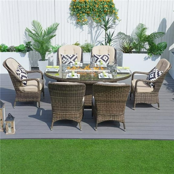 Direct Wicker PAG-1106O-BR 7-Piece Wicker Outdoor Patio Oval Fire Pit Table Dining Set, Brown