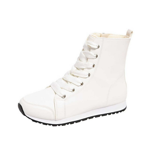 Bottes Blanches pour Femmes à la Cheville avec Laçage à l'Avant et Fermeture Éclair Latérale, Bout Rond, Semelle Plate pour une Garde-Robe Polyvalente