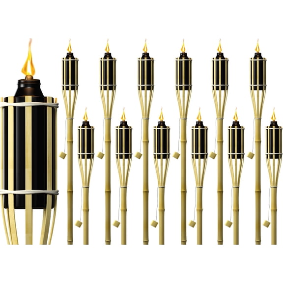 Outdoor Bamboo Torches 12 Pack, 4 Feet Tall Garden Backyard Lighting, Oil Lamp for Citronella, Flame Lasts Over 8 Hours, Brown