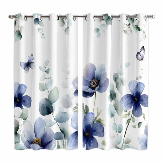 Purple Floral Kitchen Curtains Window Panels, Watercolor Eucalyptus Leaves Butterfly Insulated Window Treatment Curtain, Grommet Curtains for Bedroom/Living Room/Bathroom, 2 Piece 52"Wx84"L