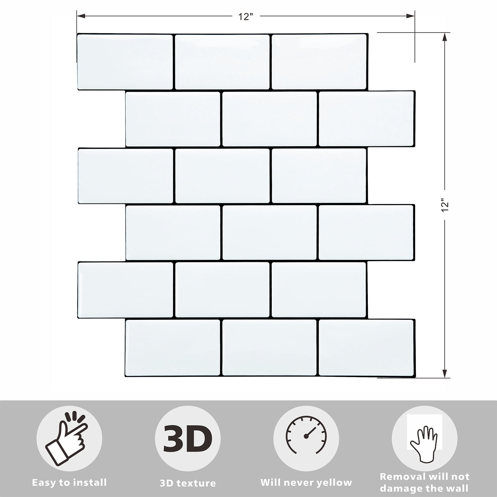 10-Sheet Peel and Stick Backsplash Subway Tile, 12" x 12" Self Adhesive Stick on Wall Tiles for Kitchen Bathroom (White)