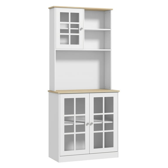 HOMCOM Kitchen Pantry Cabinet, 72" Freestanding Storage Cabinet with Hutch, Large Countertop, Glass Doors and Adjustable Shelves, Microwave Cabinet, Coffee Bar Cabinet for Dining Room, White