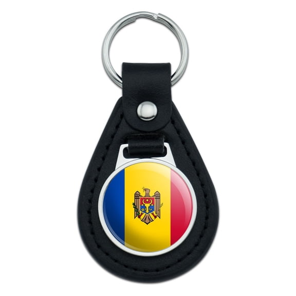 Moldova National Country Flag Black Leather Keychain