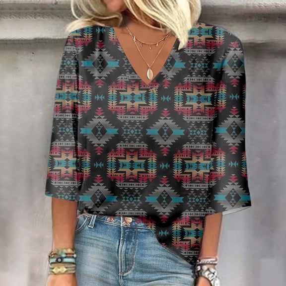 Summer Plus Size Tops For Women 2023 Trendy Summer V-Neck 3/4 Sleeve Print Casual T-shirt Blouse on Clearance