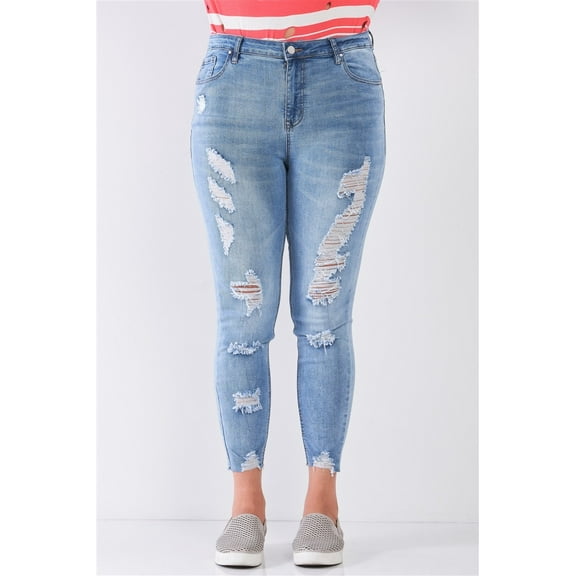Plus Size Denim Mid-rise Raw Hem Detail Ripped Skinny Jean Pants 18