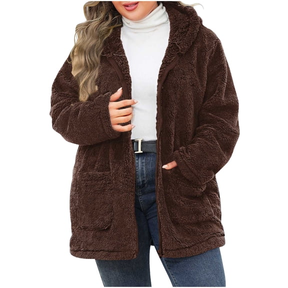 Lovskoo Winter Coats for Women Plus Size Fuzzy Fleece Hooded Zipper Long Sleeve Solid Color Plush Long Sleeve Hooded Casual Jacket Brown