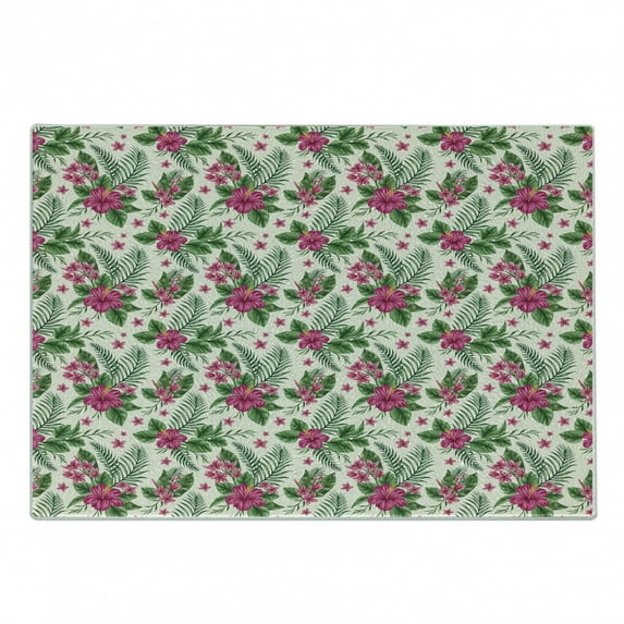Tropical Cutting Board, Joyous Exotic Floral Pattern with Plumeria and Hibiscus Flowers and Palm Leaves, Decorative Tempered Glass Cutting and Serving Board, Small Size, Multicolor, by Ambesonne