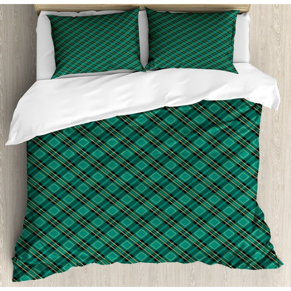 Celtic Green Duvet Cover Set, Classical Tartan Diagonal Lines Arrangement Plaid Print, Decorative 3 Piece Bedding Set with 2 Pillow Shams, Queen Size, Teal Pastel Yellow, by Ambesonne