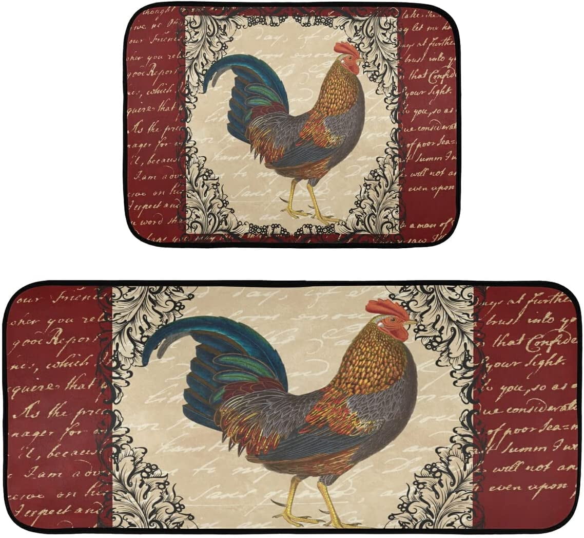 Vintage Rooster Kitchen Rugs and Mats Set 2 Piece Non Slip Washable