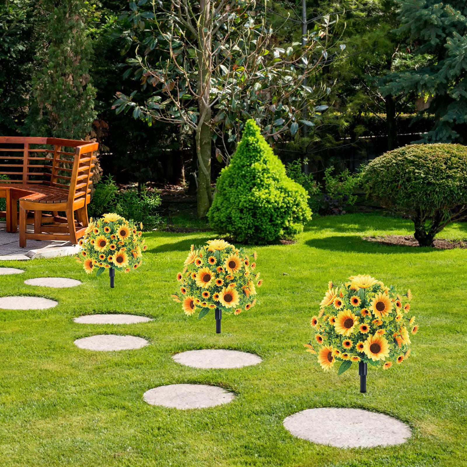 2PCS Artificial Boxwood Topiary Ball Trees with Sunflowers for Outdoor with Ground Spik, UV Resistant Faux Greenery Shrubs, Fake Boxwood Plants for Indoor, Garden, Yard, Porch, Patio Decor