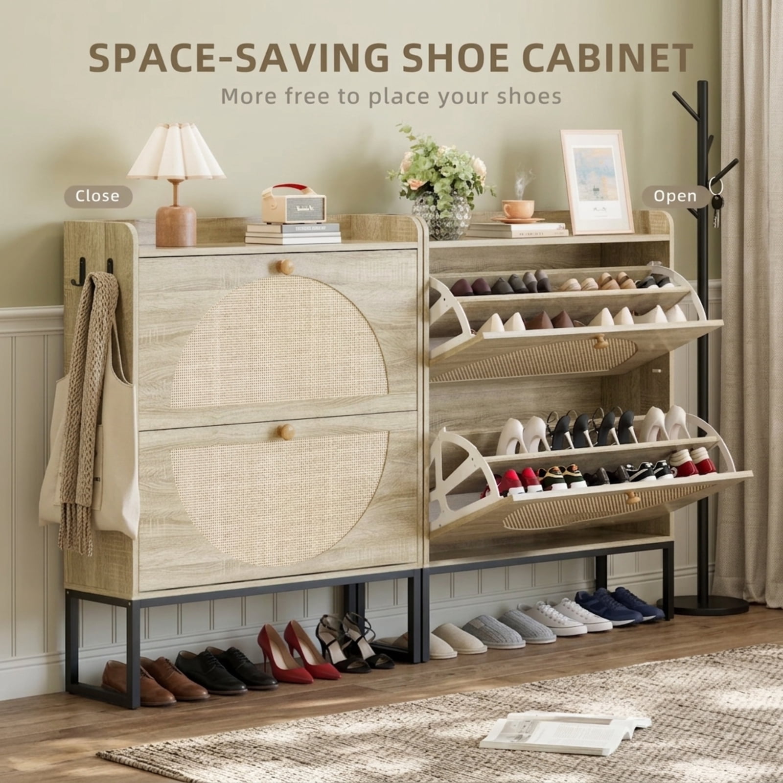 Fenbeli Shoe Cabinet with Woven Rattan Doors, Slim Natural Wood Organizer with Adjustable Shelves, Freestanding Shoe Storage for Entryway Hallway and Bedroom