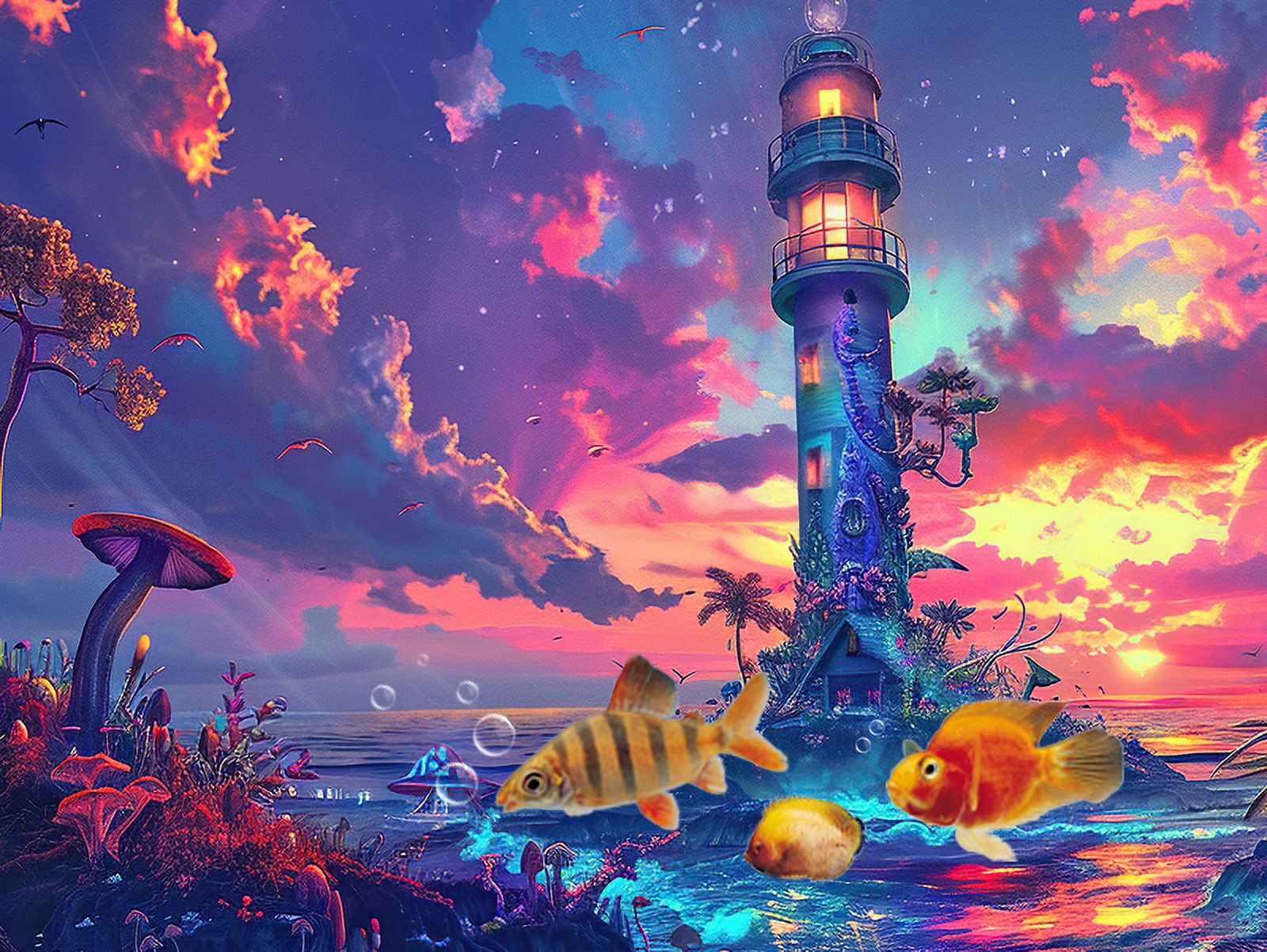 Aquarium Background with Cloud Sky Design, Fantasy Landscape Tapestry Trippy Neon Galaxy Space Fish Tank, Nature Lighthouse Lake Tapestry Wall Hanging Decor for Home