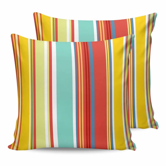 14x14 Pillow Covers Set of 2, Red Aqua Stripe Throw Pillow Covers Decorative Couch Cushion Case, Country Abstract Art Colorful Striped Microfiber Square Pillowcases for Bedroom Car Living Room