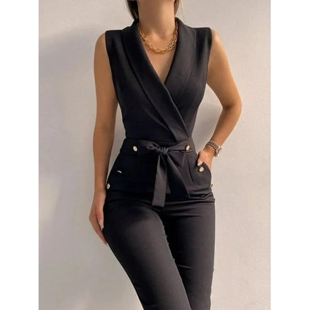Women s Sleeveless Jumpsuit Solid Color Overall Bodysuit Clothing Office V-neck Lace-up Jumpsuits High Waist Belt Pants