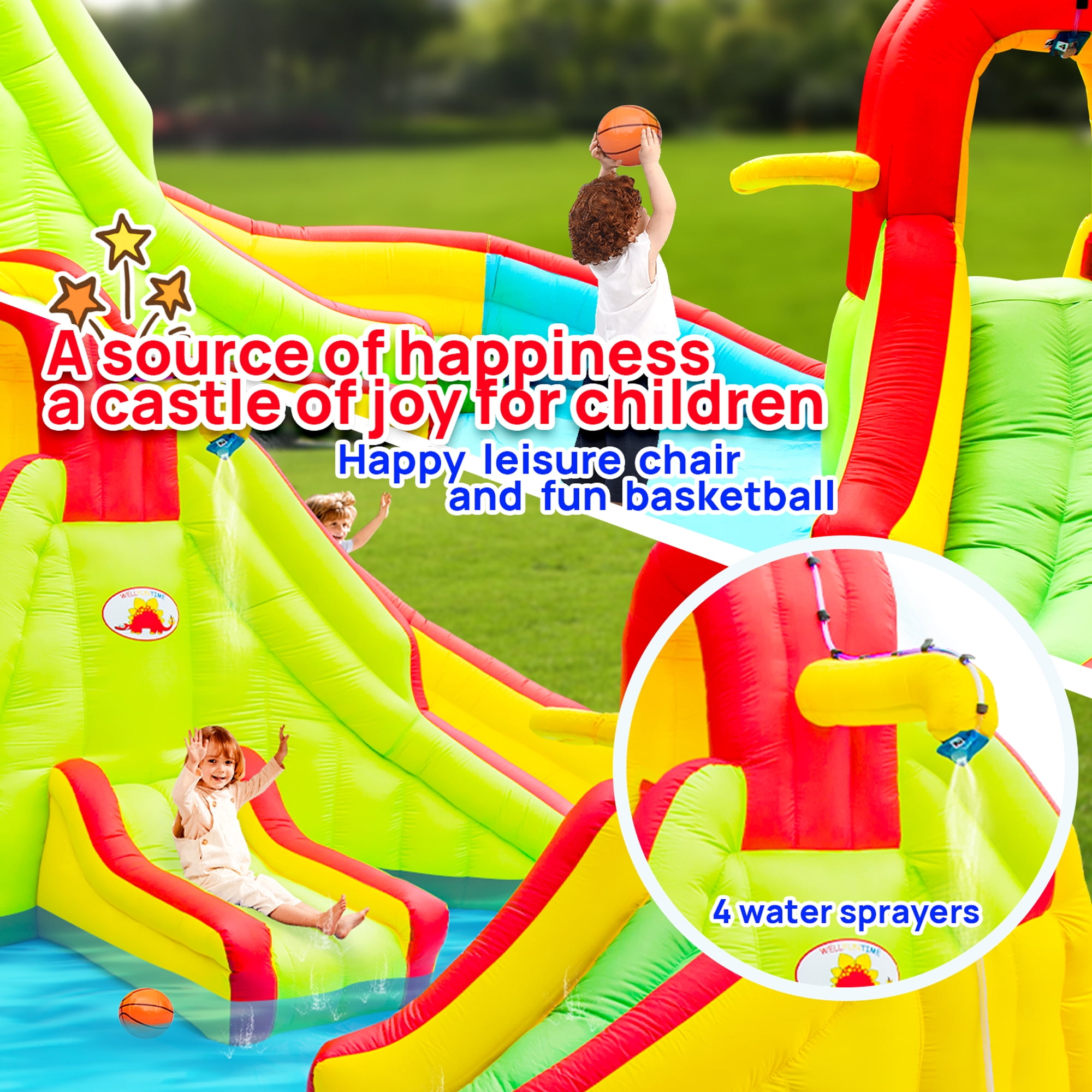 WELLFUNTIME Inflatable Water Slide Bounce House for Kids, Water Park with Blower, Splash Pool for Kids Backyard