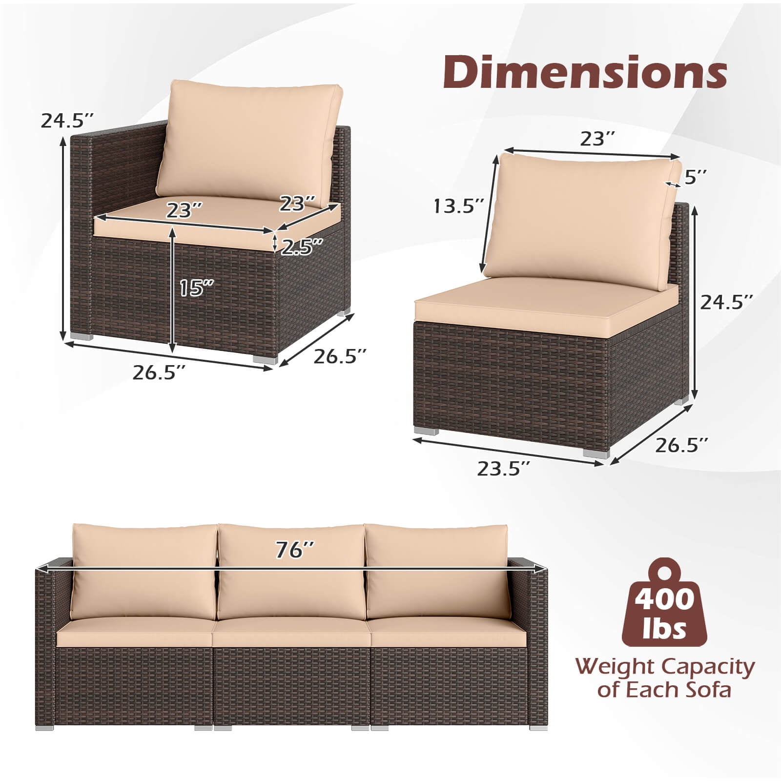 Costway 3PCS Patio Sectional Sofa Set with Right Arm Sofa & Left Arm Sofa, Soft Cushions Beige + Mix Brown