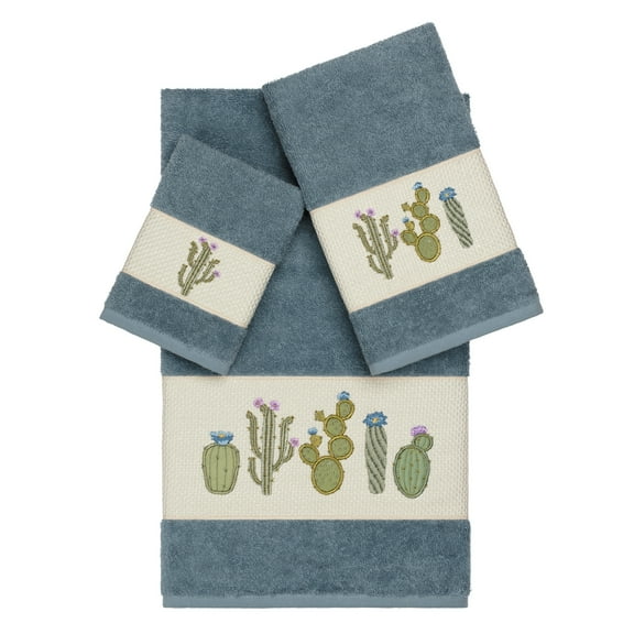 Authentic Hotel and Spa Turkish Cotton Cactus Embroidered Teal Blue 3-piece Towel Set