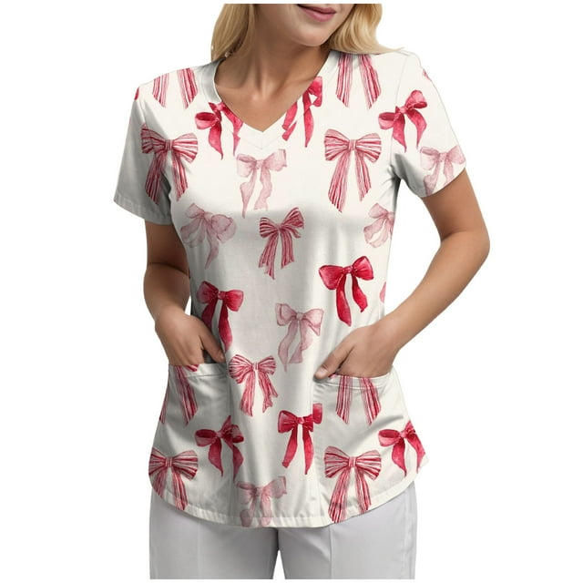 NIEWTR Women's V Neck Patterned Scrub Tops Breathable Medical Work Tunics with Pockets Stretch Fabric(White,L)