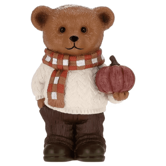 Resin Bear with Pumpkin Decorative Figurine, Multicolor, 6", Thanksgiving Bear Figurine Wearing Plaid Scarf, Cute Fall Season Tabletop Home Decoration
