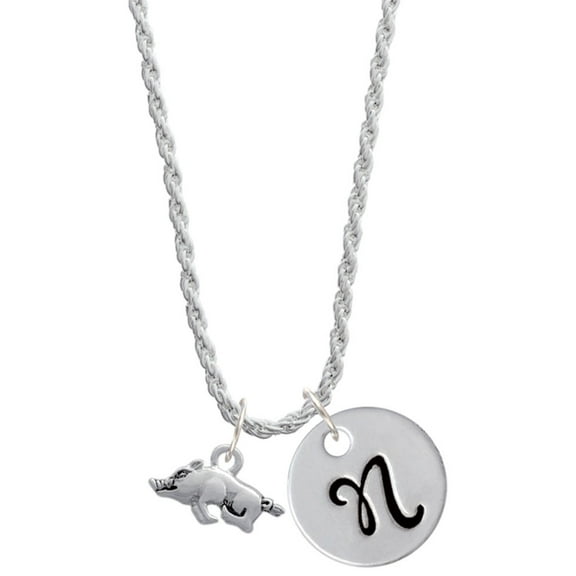 Delight Jewelry Antiqued Razorback Silvertone Script Initial Disc - N - Charm Necklace, 20" 3"
