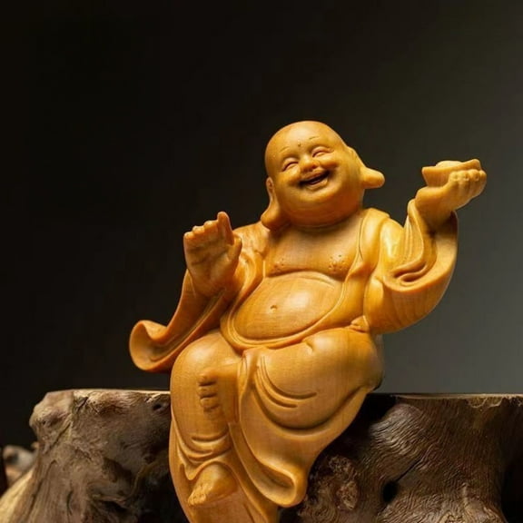 Cliff Cypress Wood Carved Maitreya Buddha Statue Big Belly Design Decorative Ornament Chinese Style Home Office Cultural