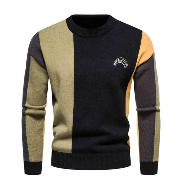 jsaierl Mens Cardigan Sweater Knit Crew Neck Stretch Color Block Top Long Sleeve Slim Casual Warm Pullover Sweater