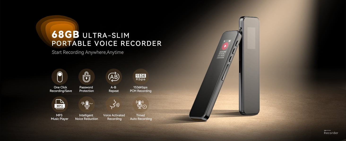 Digital Voice Recorder-68GB Voice Activated Recorder with Playback,Ultra-Thin Tape Audio Recorder,Portable Recording Devices for School College Lecture with Password