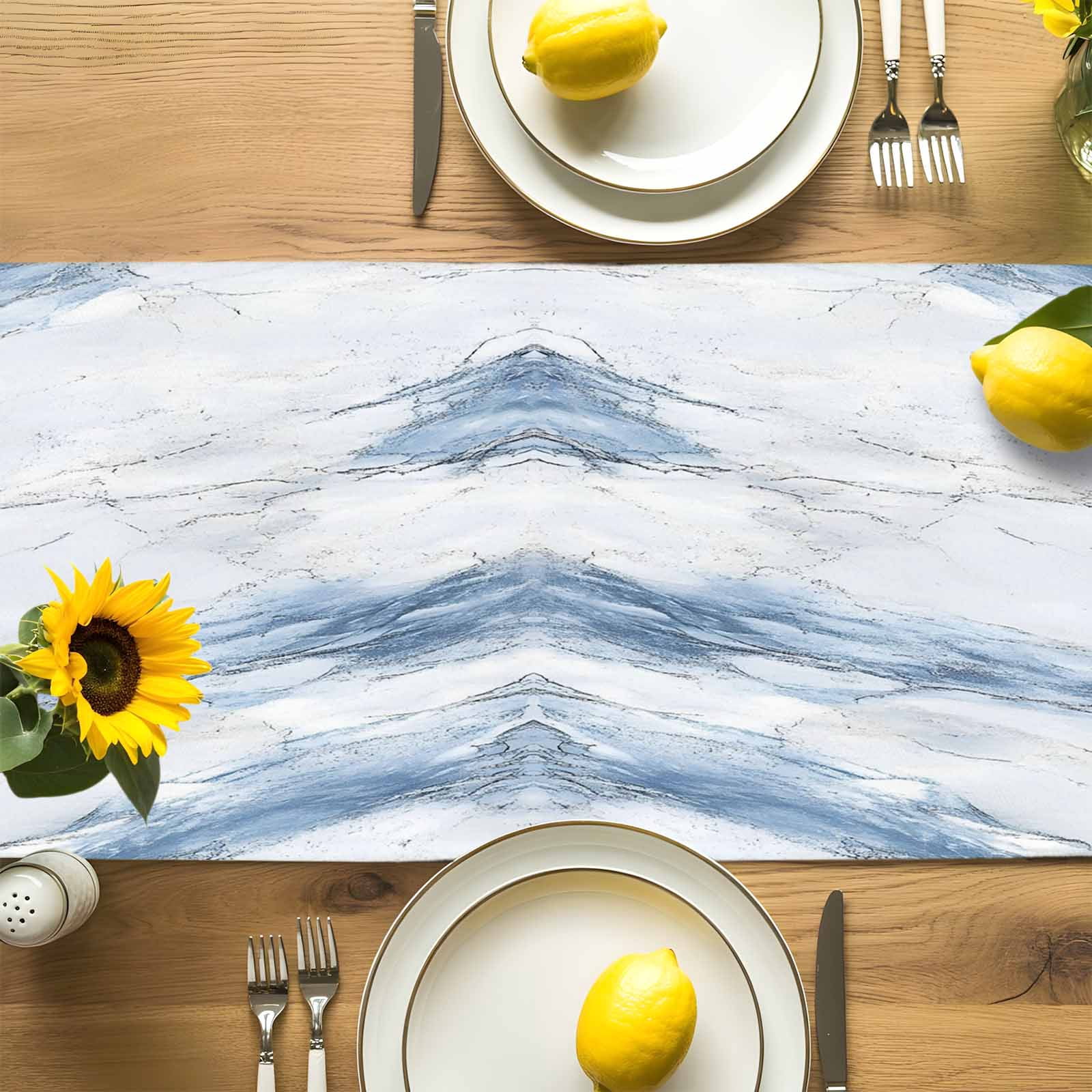 Abstract Marble Texture Table Runner 90 Inches Long, Modern Blue White Stone Art Table Runners Tabletop Scarf Kitchen Dining Tables Decoration for Home Party Indoor Outdoor