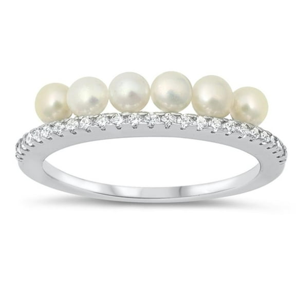 Beautiful Promise Ring Simulated Pearls .925 Sterling Silver Band White Cubic Zirconia Female Size 8