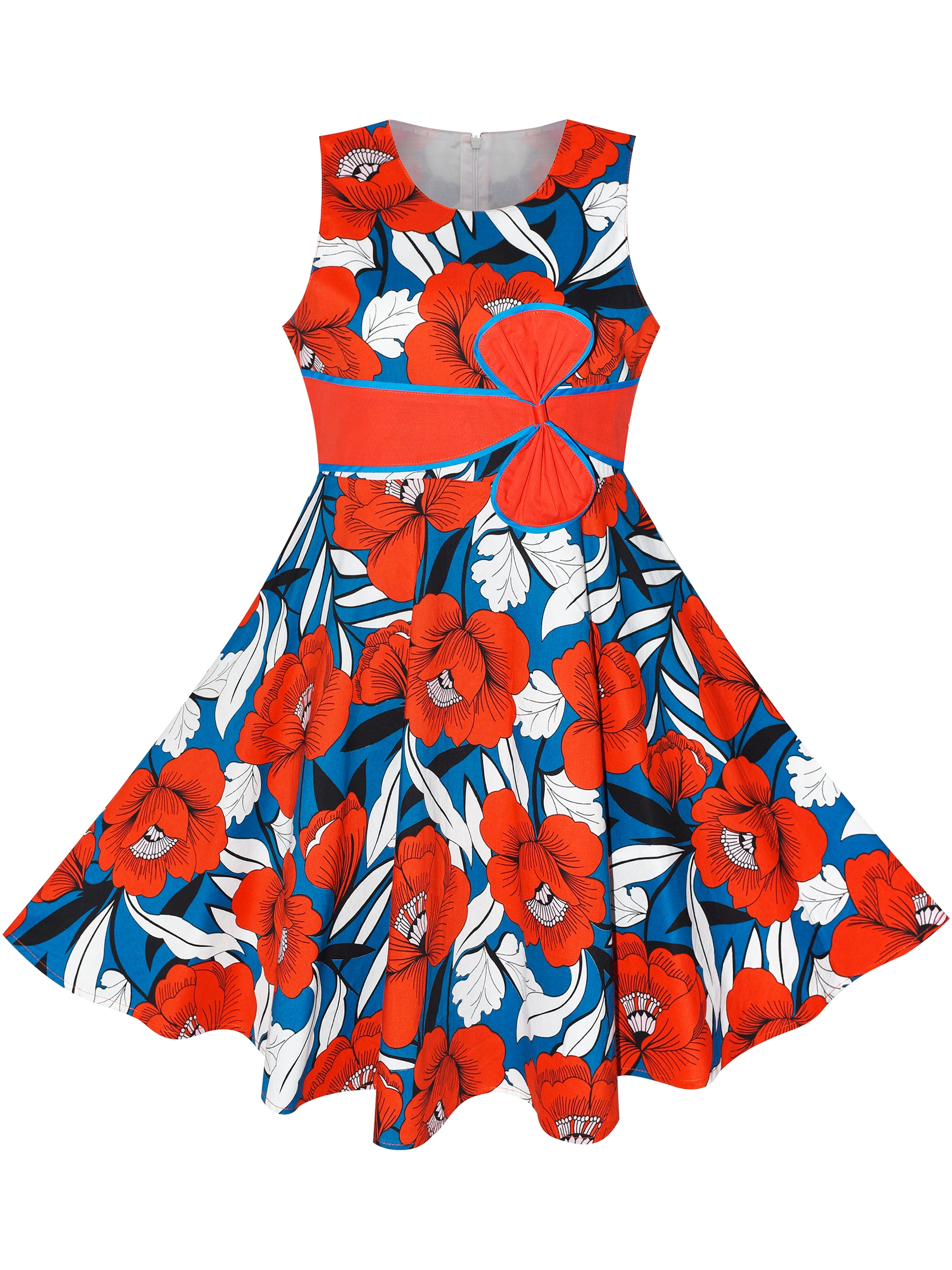 Sunny Fashion - Girls Dress Hat Red Flower Sundress Summer Beach Party