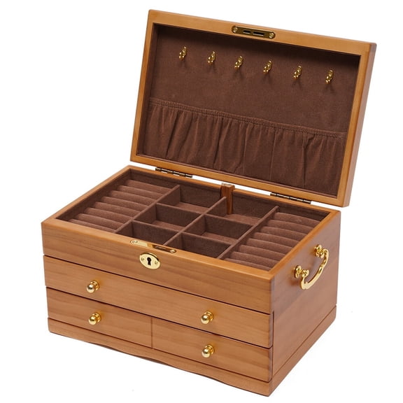 Shangmakel Wooden Jewelry Box 3 Layers Retro Storage Organizer Display Case W/ Safe Lock