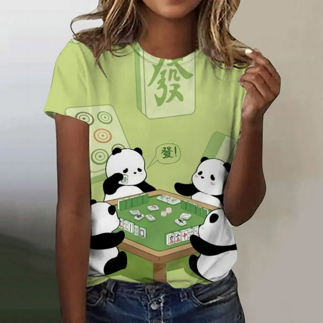 UANWENN T-Shirt Classique Quotidien à Manches Courtes pour Femmes Panda Mahjong Tendance Décontracté Col Rond T-Shirt Hauts pour Femmes Tee-Shirts Vestes de Sarrau à Manches Courtes Femmes Décontracté Manches Courtes Chemises à Manches Longues pour Dames T Ample
